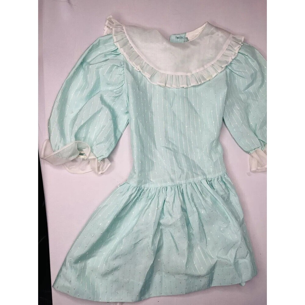Vintage Yves Saint Laurent Dress For Girl Sz 4 Frilly Bow Collar Baby Blue Green